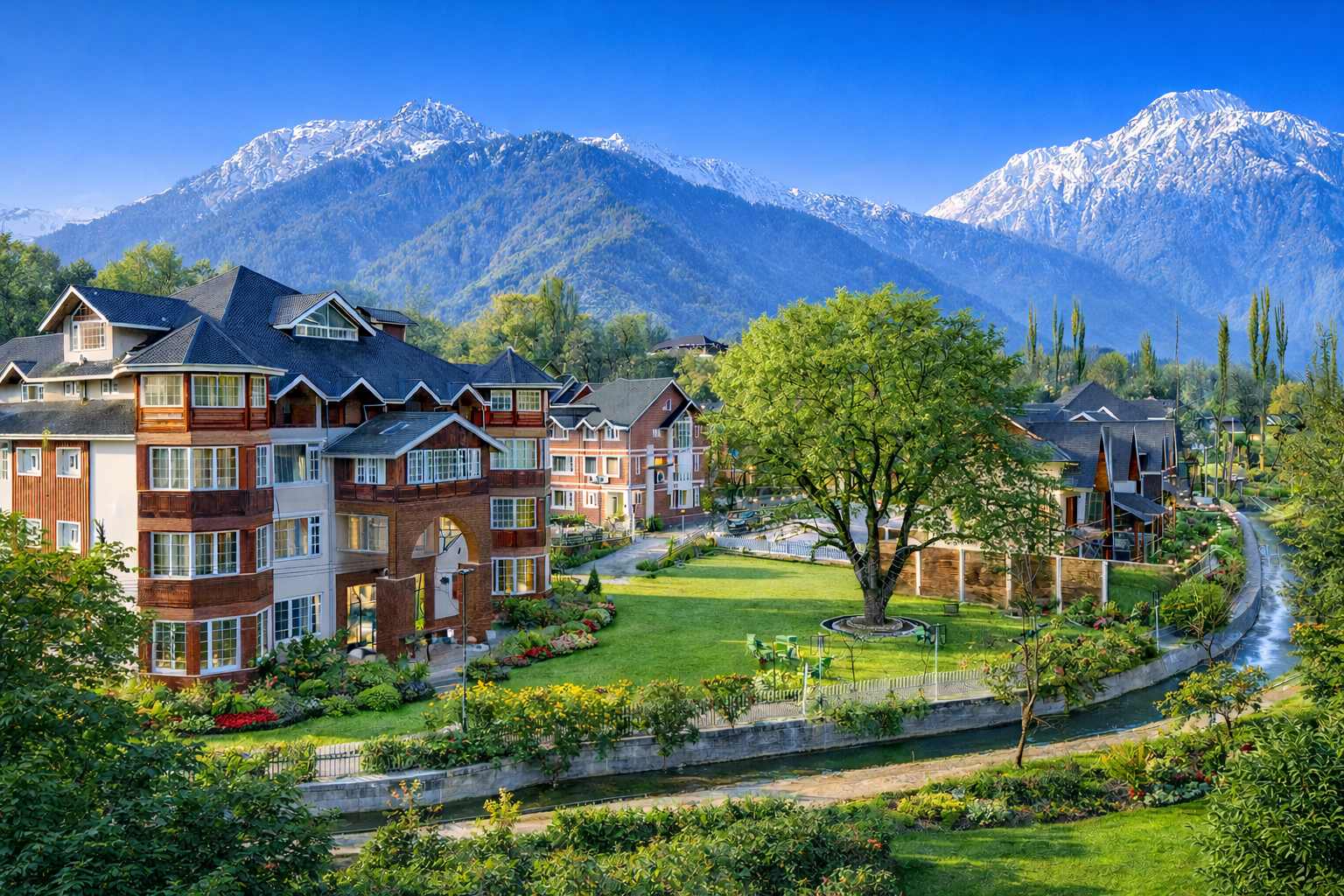 Faiz Resort exterior with Pahalgam mountains